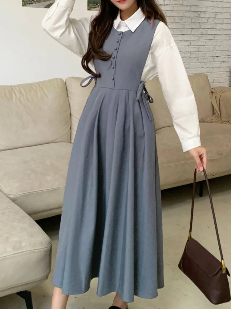 Mori Girl Button Front Layered Midi Dress