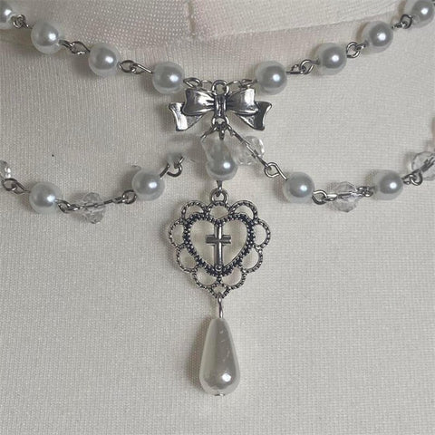 Pearl Cottagecore Style Necklace with Heart Ornaments