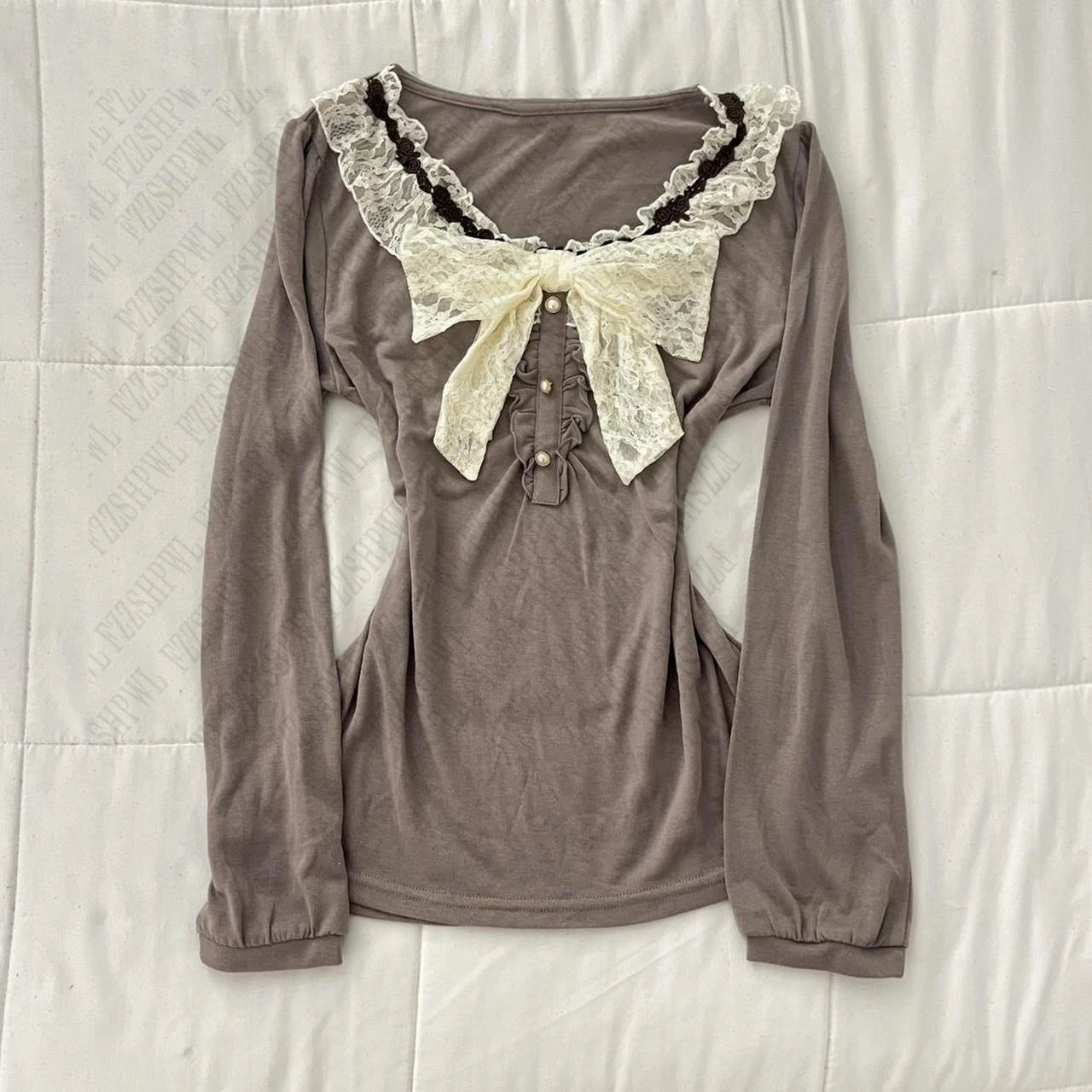 Cottagecore Rose Lace Bow Henley T-Shirt
