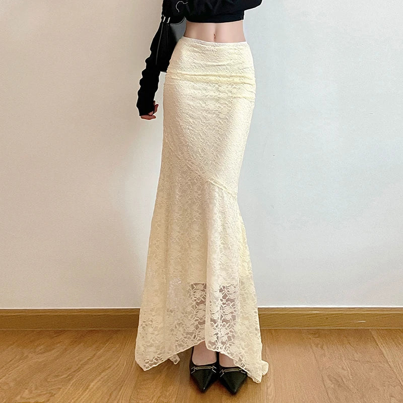 Fairycore Ivory Lace Flared Maxi Skirt