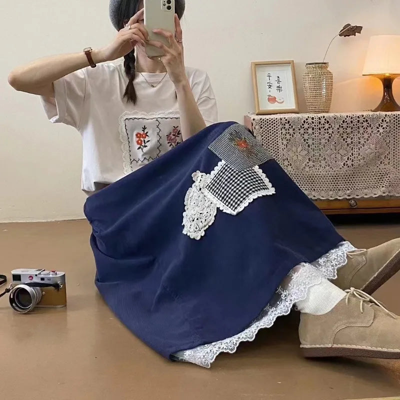 Mori Girl Patchwork Lace Hem Skirt