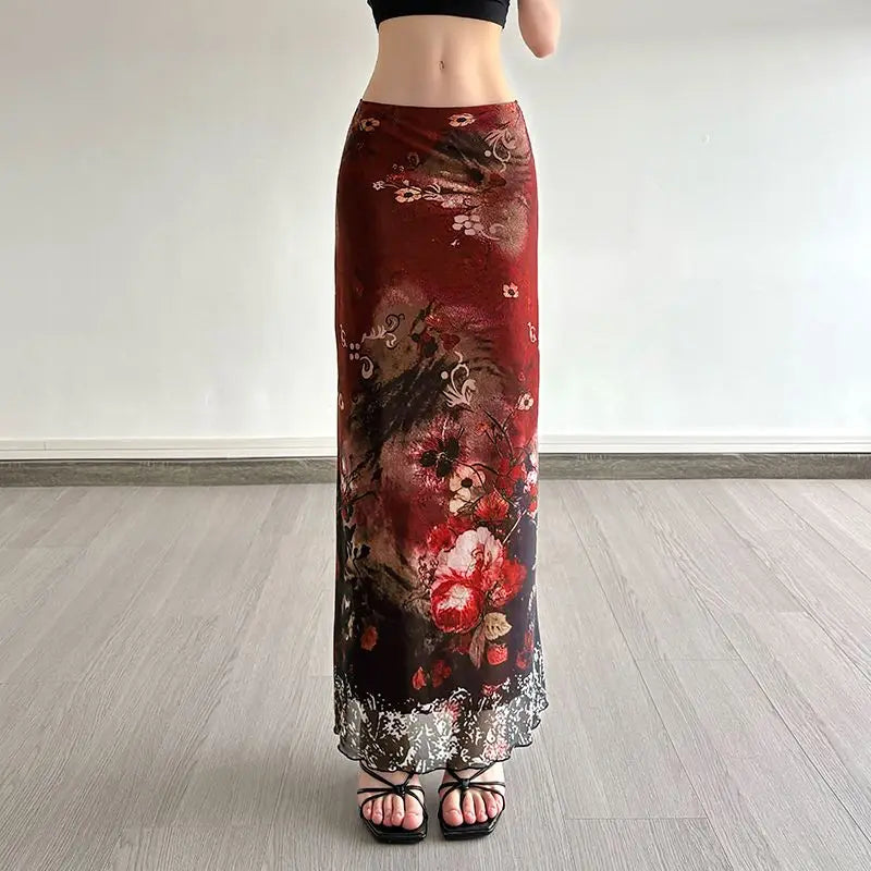 Mori Girl Ink-Bloom Floral Mesh Midi Skirt