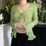 Fairycore Lime Green Ruffle Tie-Front Cardigan