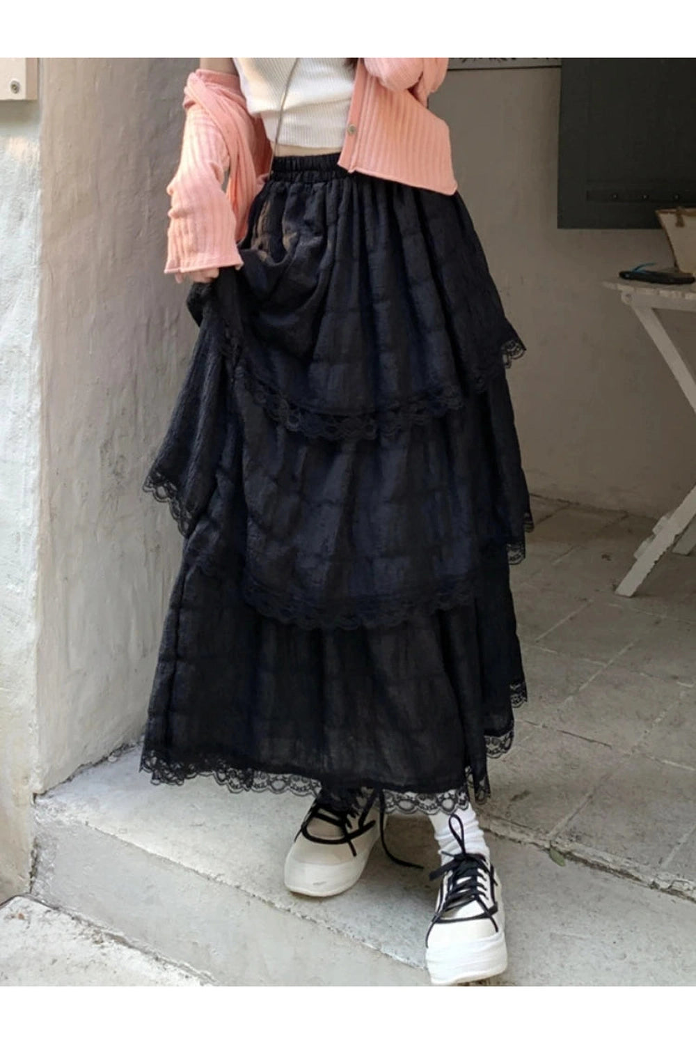 Black White High Low Skirt cottagecoreclothes