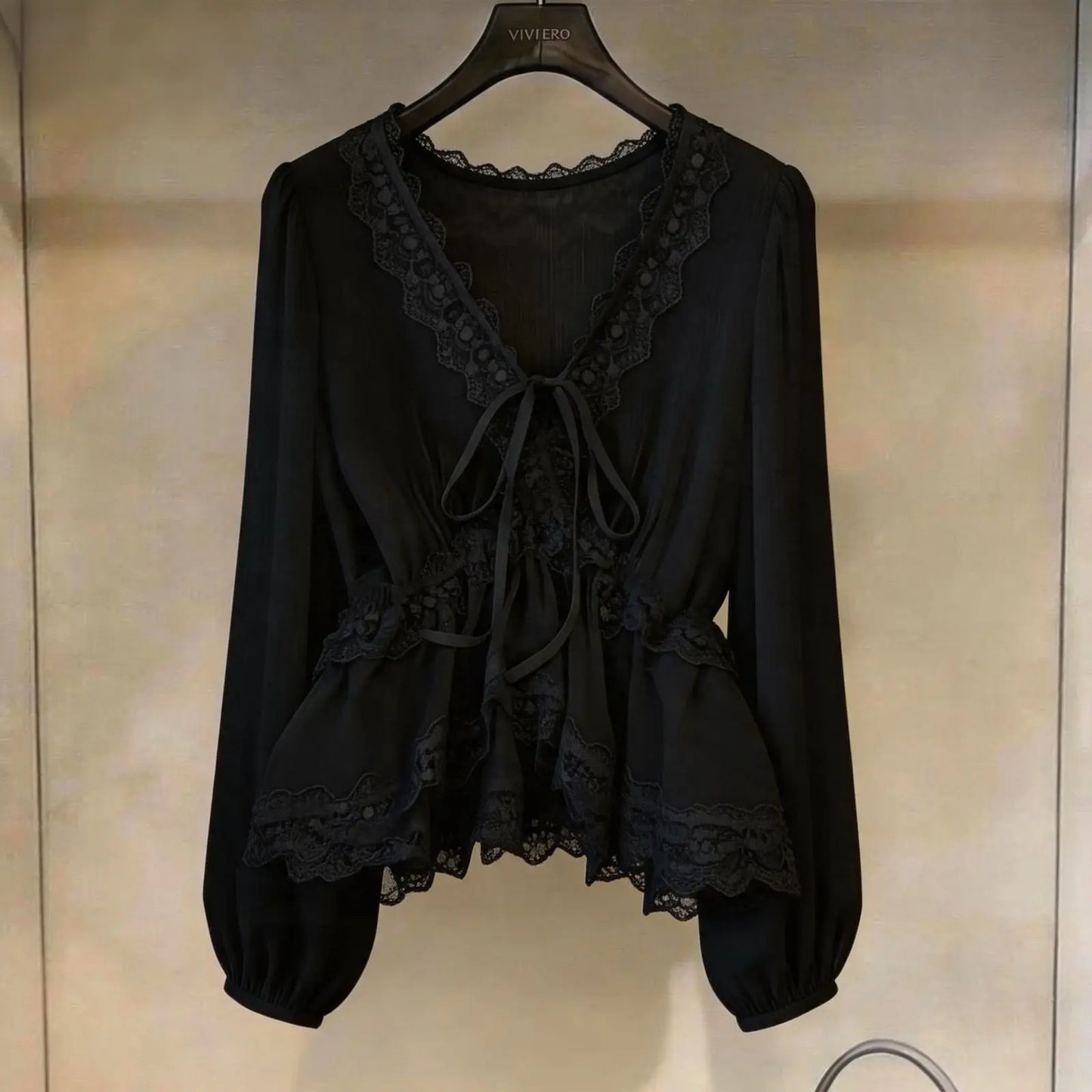 Ethereal Lace-Trimmed Tie-Front Blouse