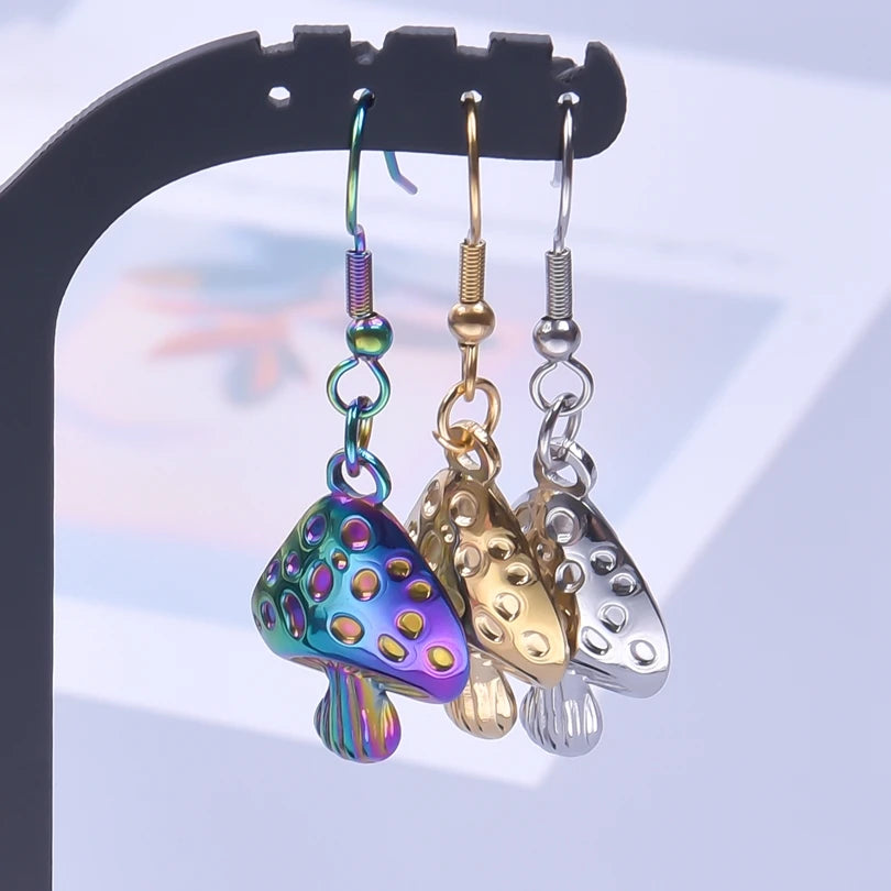 Goblincore Iridescent Mushroom Drop Earrings