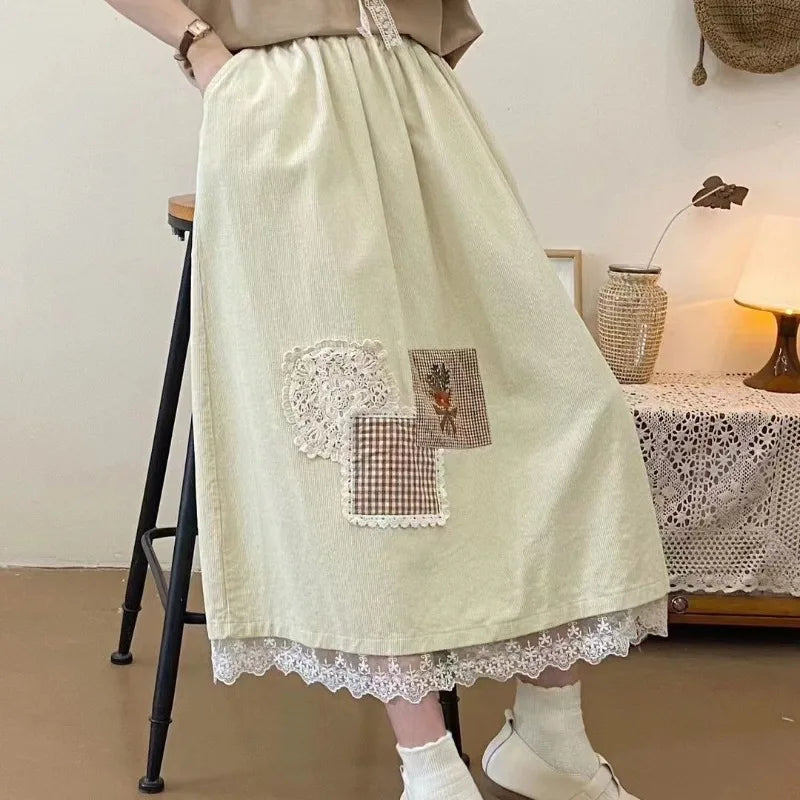 Mori Girl Patchwork Lace Hem Skirt cottagecoreclothes