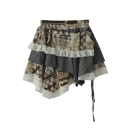 Patchwork Lace Asymmetric Fairycore Mini Skirt