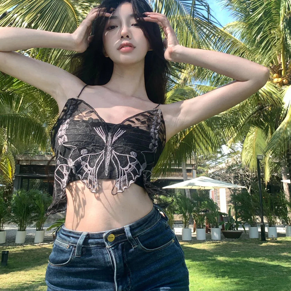 Korean Lace Butterfly Crop Top