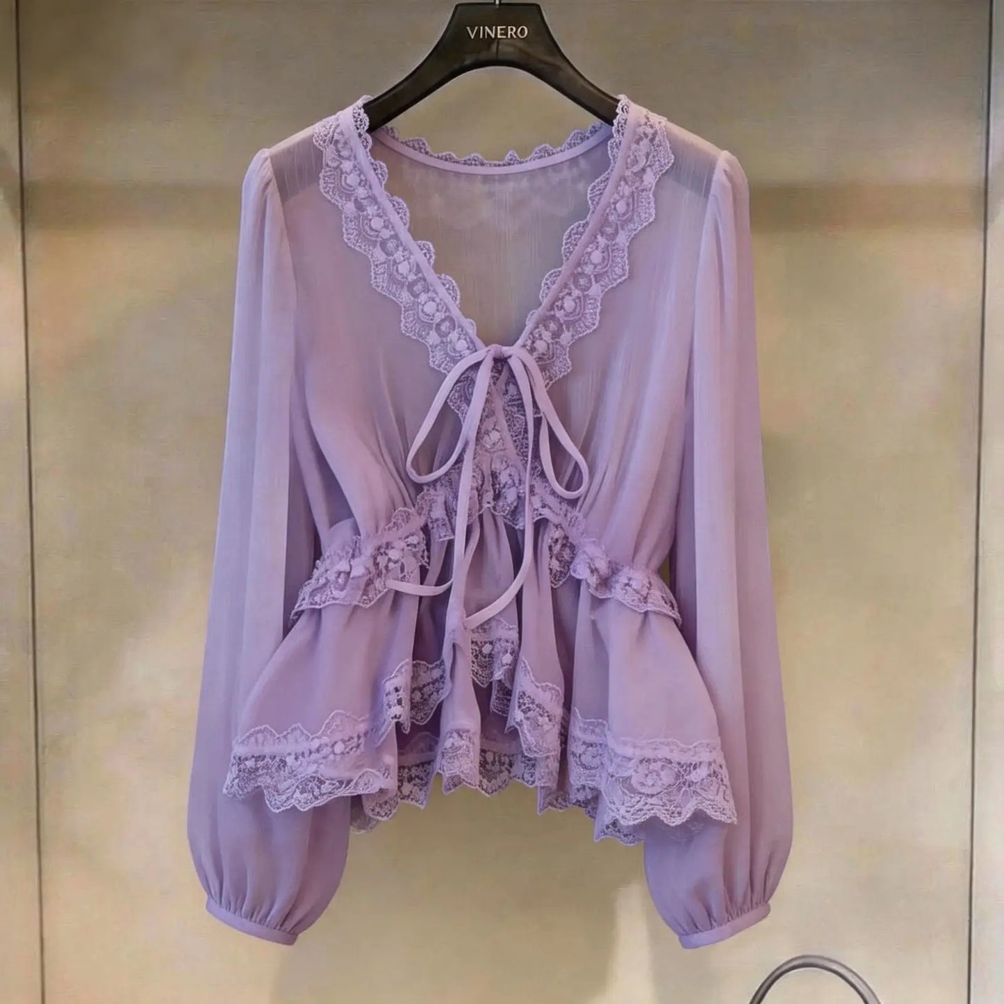 Ethereal Lace-Trimmed Tie-Front Blouse