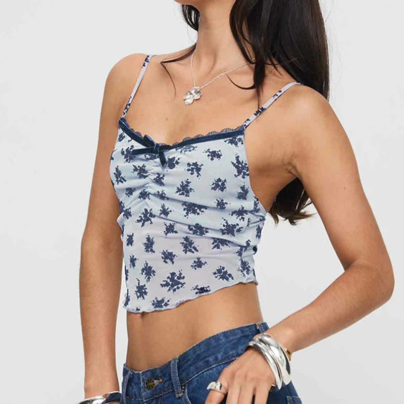 Fairycore Navy Flower Print Lace Trim Top