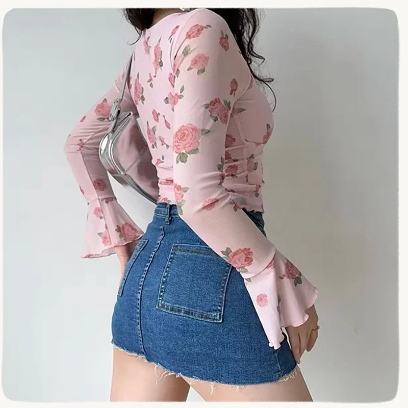 Floral Bell Sleeve Crop Top