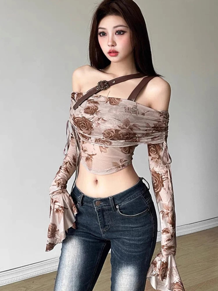 Fairy Grunge Sepia Rose Mesh Harness Top