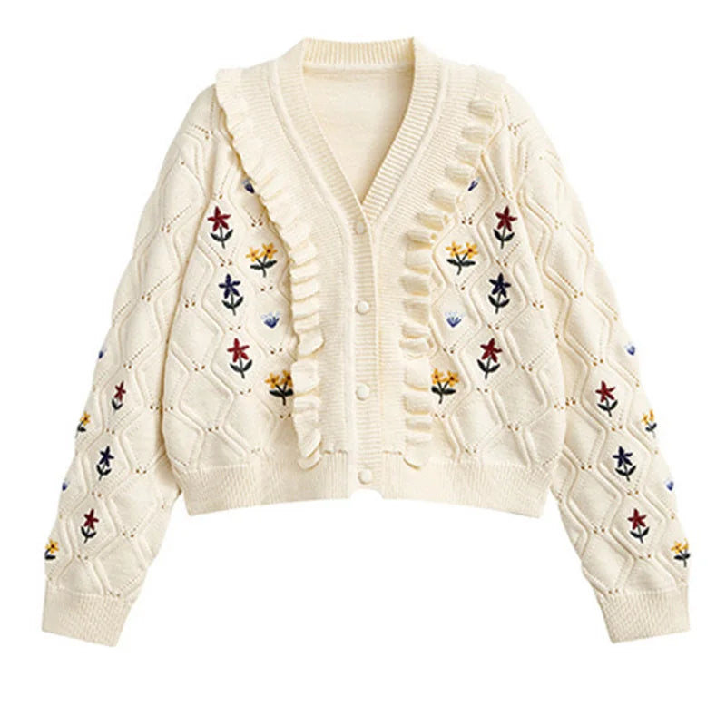 Vintage Flower Embroidered Crop Cardigan