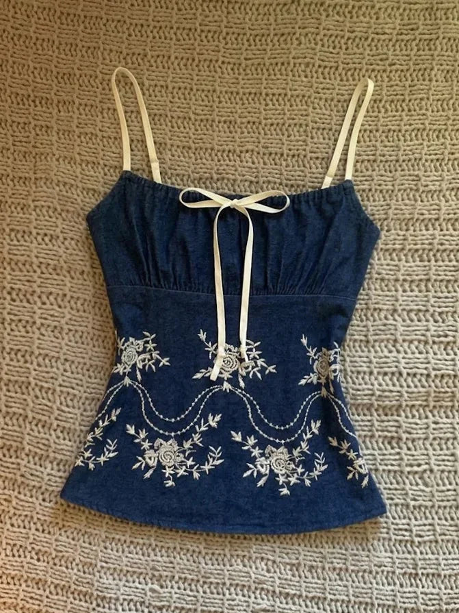 Prairie Embroidered Rose Denim Cami Top