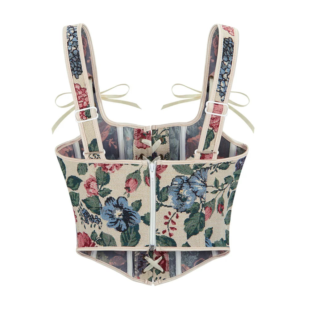 Vintage Aesthetic Tapestry Floral Lace-Up Corset