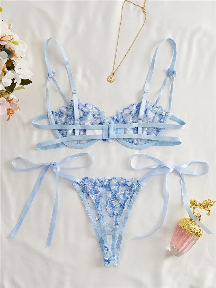 Ethereal Forget-Me-Not Embroidered Lingerie Set