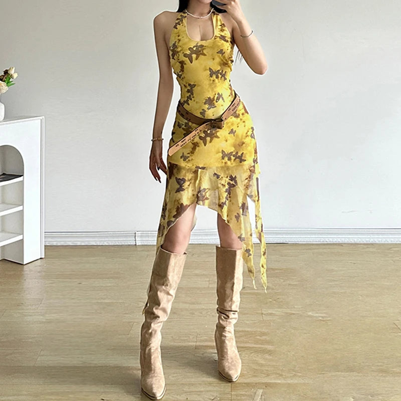 Vintage Yellow Sheer Layered Midi Dress