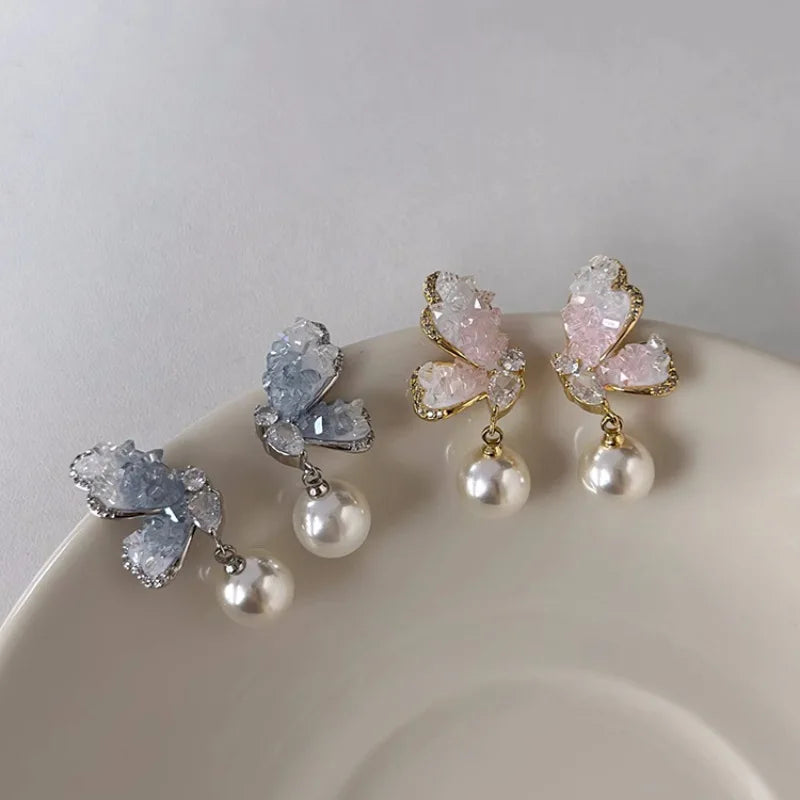 Ethereal Crystal Butterfly & Pearl Drop Earring