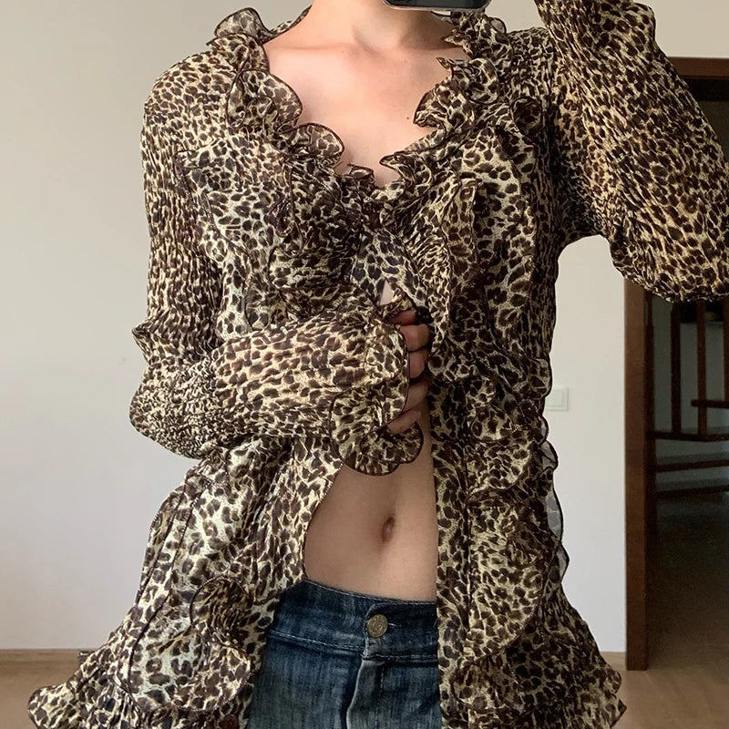 Vintage Leopard Ruffle Front Blouse