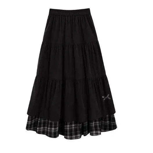 Dark Cottagecore Tiered Plaid Hem Maxi Skirt