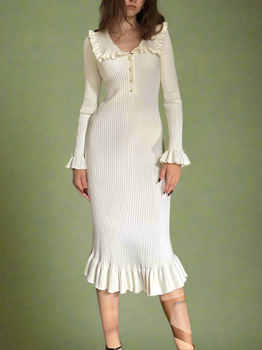 Vintage Ruffle Trim Midi Knit Dress cottagecoreclothes