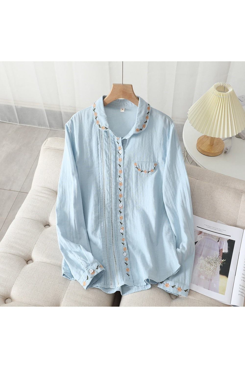 Cottagecore Floral Embroidery Lapel Shirt cottagecoreclothes