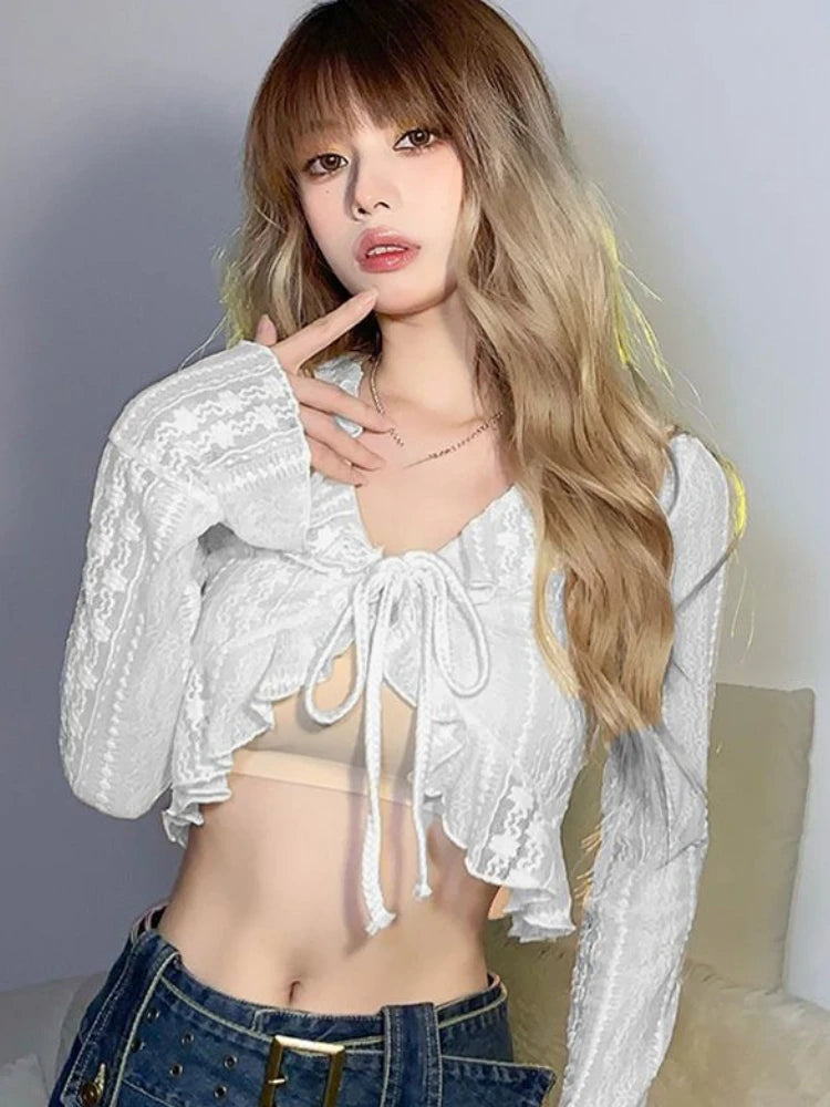 Fairycore Lace-Up Ruffle Crop Top