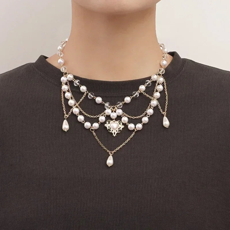 Pearls Heart Cross Necklace