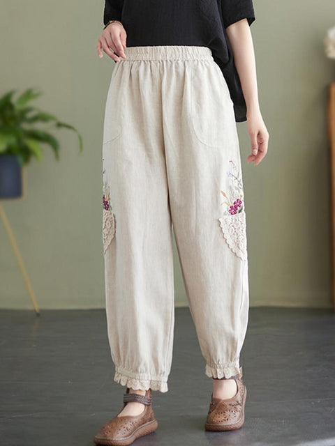 Pantalones de lino con bordado floral de Cottagecore