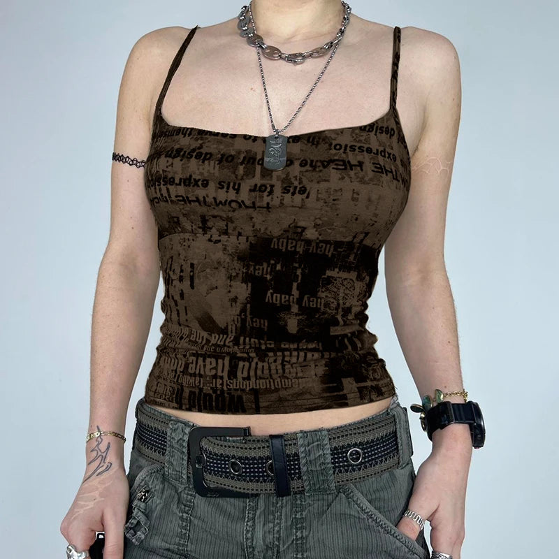 Grunge Newspaper Print Spaghetti Strap Top