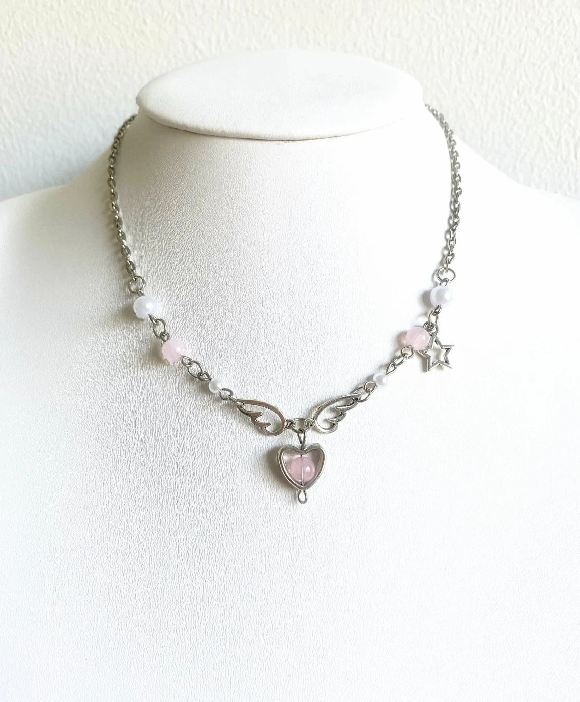 Fairycore Angel Wing Heart Stone Necklace with Pearl & Star Charms
