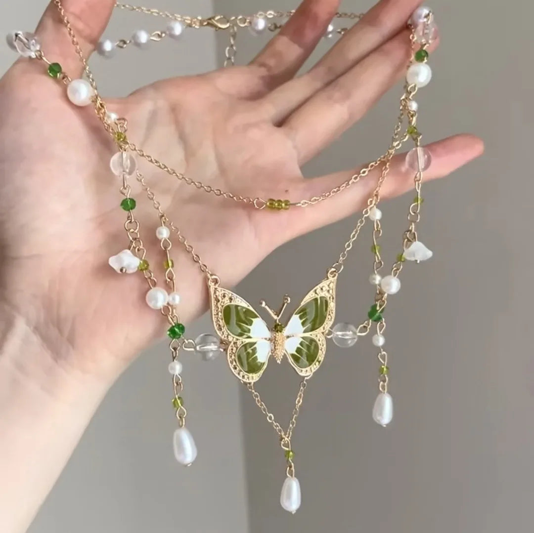 Fairycore Moss Butterfly Pearl Cascade Necklace