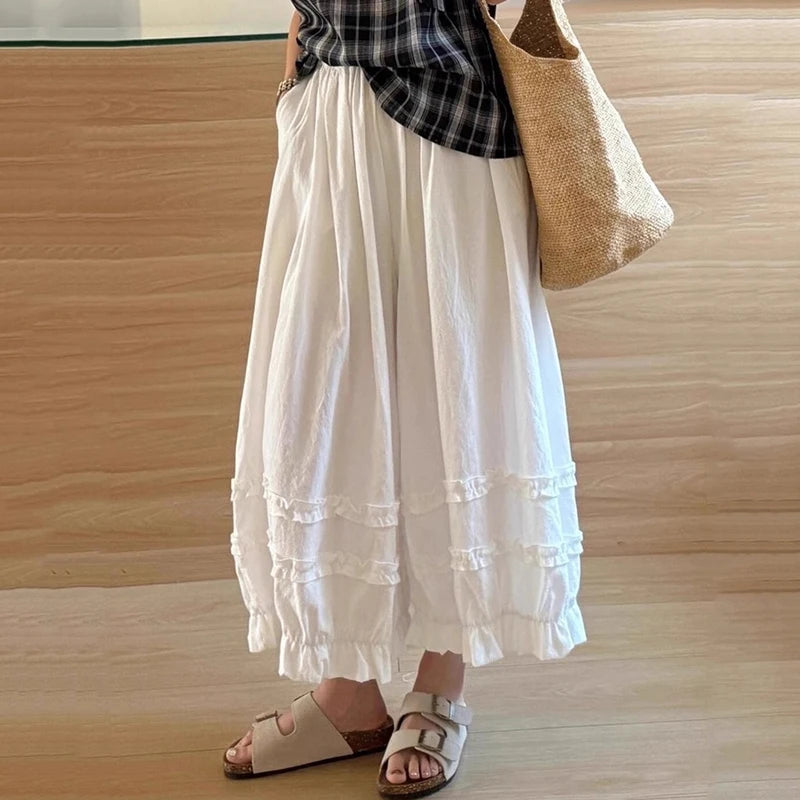 White Mori Kei Ruffle Wide Leg Pants