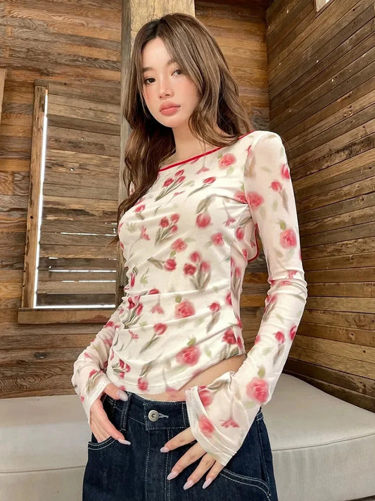 Rose Print Flare Sleeve Top