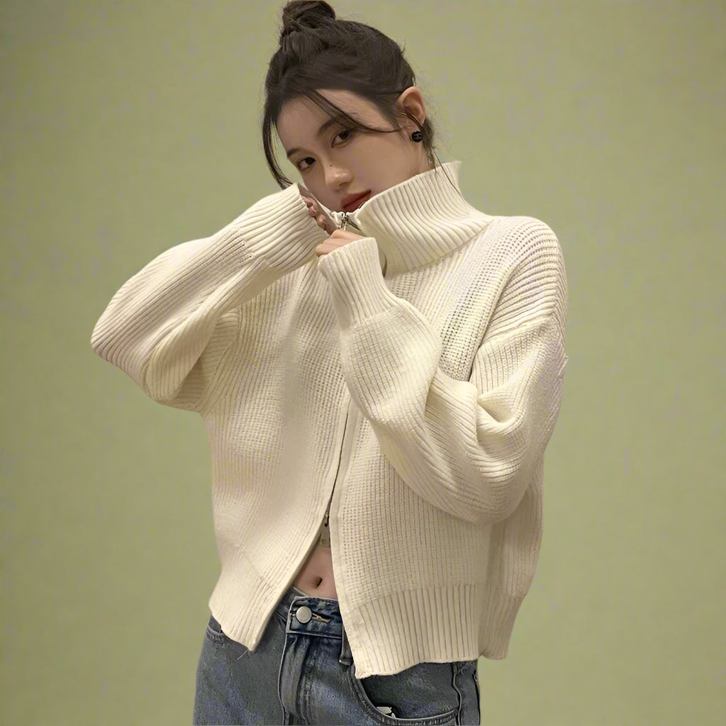 Retro Cozy Zip-Up Knit Sweater cottagecoreclothes