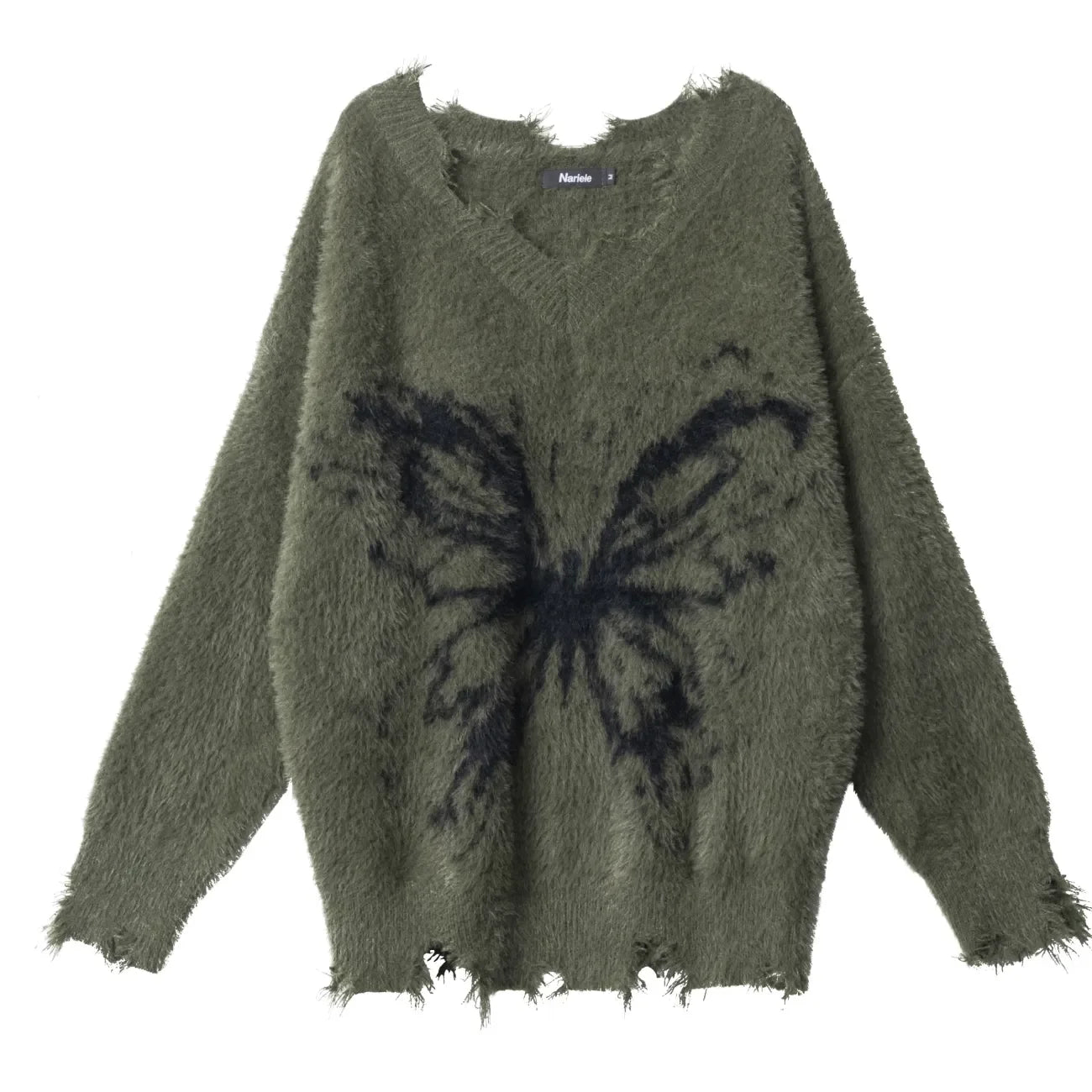 Goblincore Moth Wing Distressed Fuzzy Knit Sweater