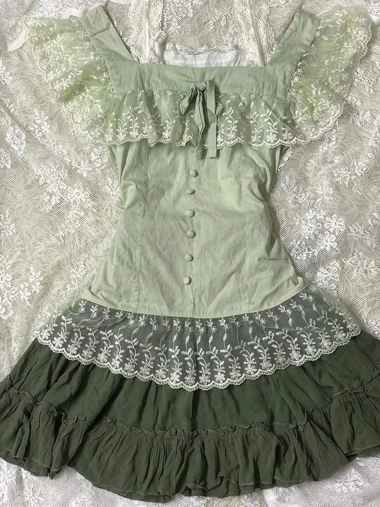 Dark Cottagecore Sage & Shadow Lace Corset Dress