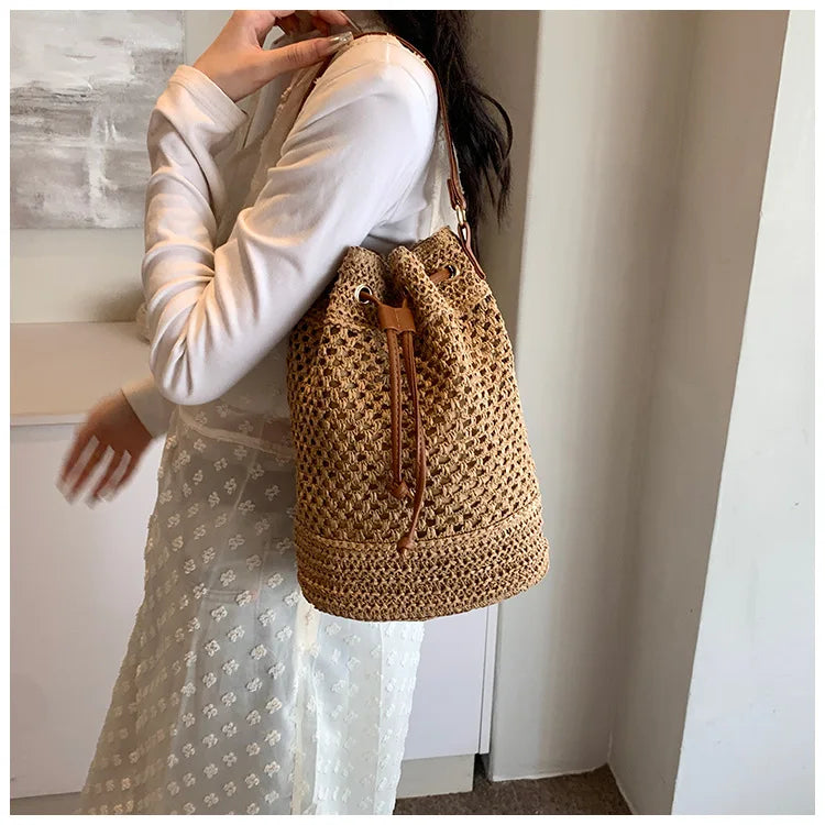 Cottagecore Woven Straw Drawstring Bucket Bag