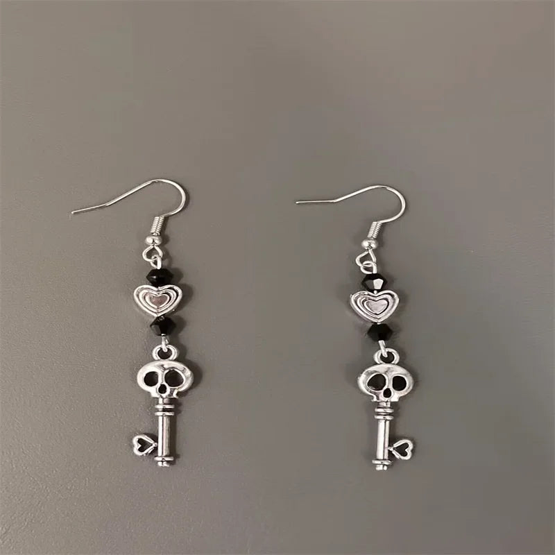 Vintage Heart and Skull Key Earrings