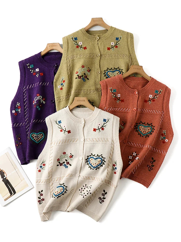 Vintage Folk Art Embroidered Button-Up Vest