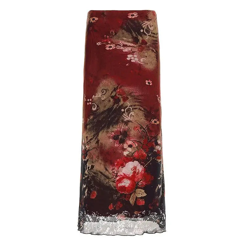 Mori Girl Ink-Bloom Floral Mesh Midi Skirt