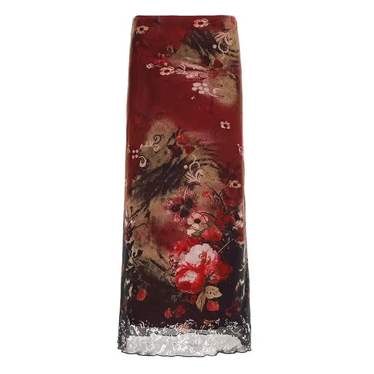 Mori Girl Ink-Bloom Floral Mesh Midi Skirt