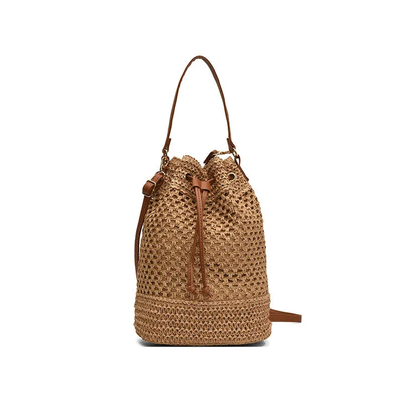 Cottagecore Woven Straw Drawstring Bucket Bag