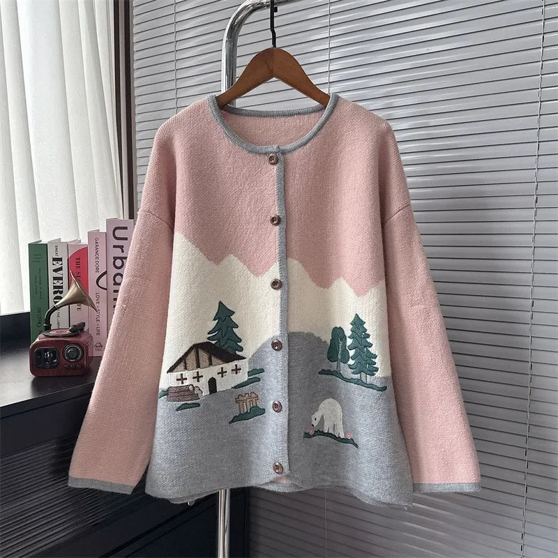 Cottagecore Pastel Village Scene Cardigan cottagecoreclothes