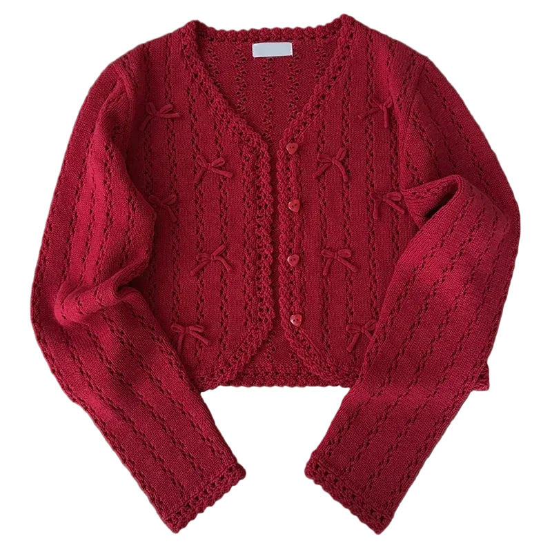 Fairycore Ribbon Bow Open-Knit Cropped Cardigan