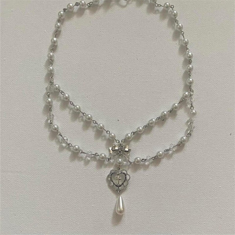 Pearl Cottagecore Style Necklace with Heart Ornaments