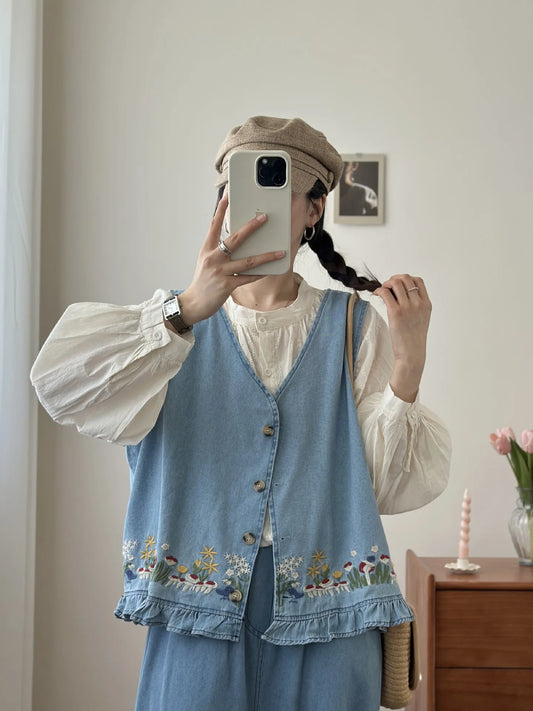 Blue Embroidered Denim Vest