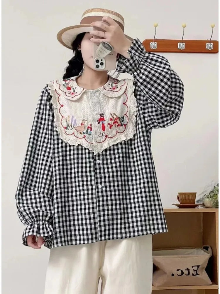 Mori Girl Folk Embroidery Checkered Shirt