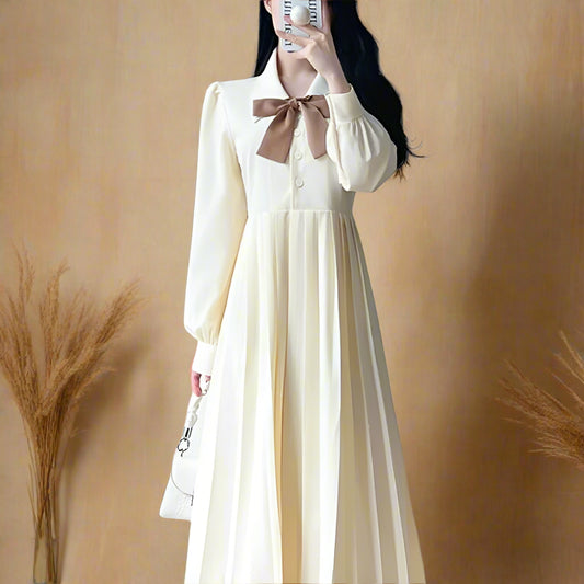 Vintage Bow Collar Pleated Dress cottagecoreclothes
